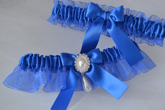 Hochzeit - Wedding Garter, Bridal Garter Set, Garter, Royal Blue Garter Set With Sheer Organza, Wedding Garter Belt, Garter Set