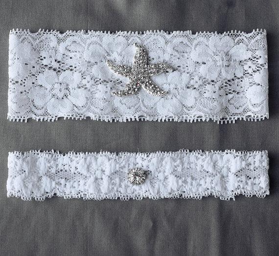 زفاف - Wedding Garter Bridal Garter Set White or Ivory Lace Garter Belt Rhinestone Crystal Starfish Garter Belt Beach Wedding GR060LX