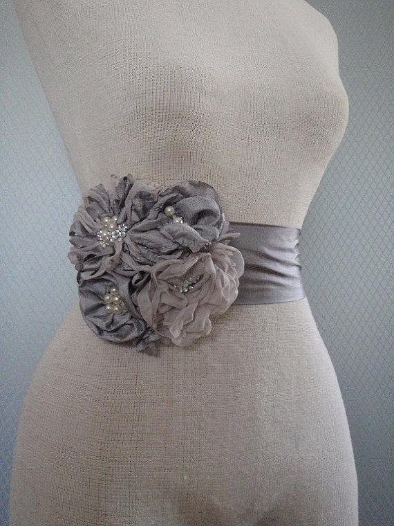 زفاف - free shipping Bridal Sash With one Unique Design Flower grey  color ready to ship