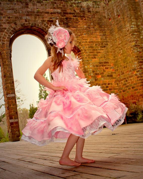Hochzeit - Flower Girl Dress, Girls Wedding Dress, Pink Satin Dress, Girls Feather Dress, Pink and White Dress, Pageant Dress,