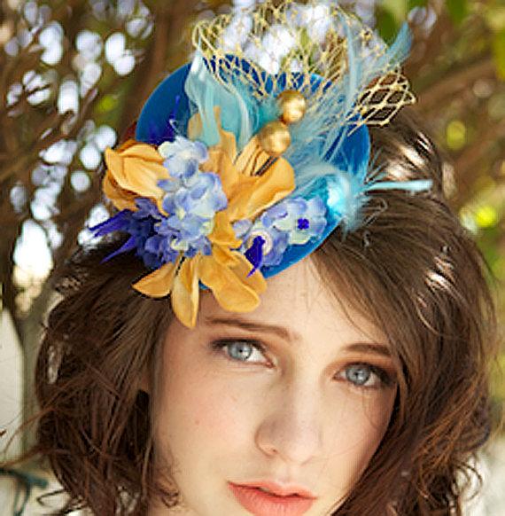 Wedding - Blue fascinator, Turquoise, Golden, Yellow Wedding Hat , Veil Flower Fascinator, Party Mini top HatSHORES