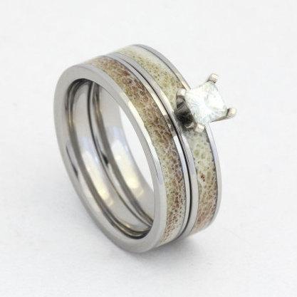زفاف - Princess Cut Diamond Ring, Antler Wedding Band, Unique Bridal Wedding Set, Ring Armor Included