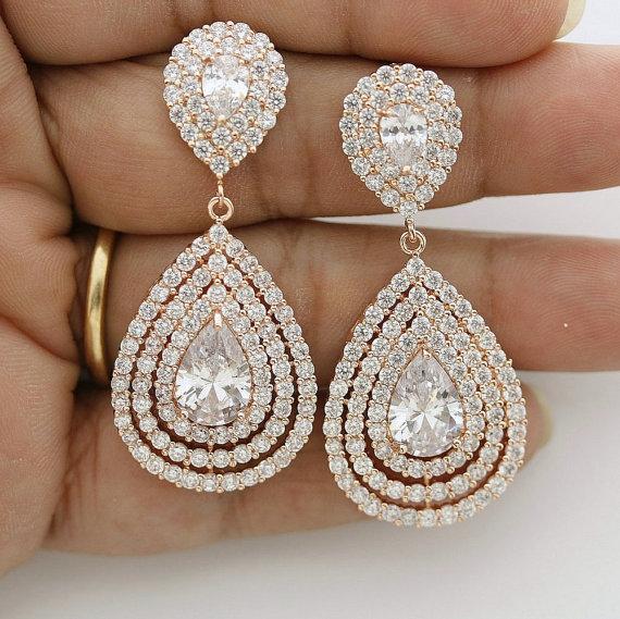 زفاف - Wedding Rose Gold Earrings, Teardrop Layered Bridal Earrings, Wedding Jewelry, Crystal Wedding Earrings, Rose Gold Cubic Zirconia Earrings
