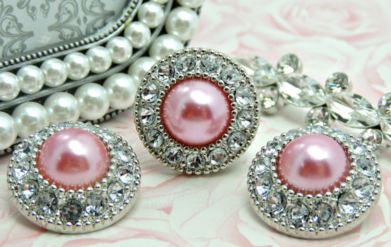 Wedding - Rhinestone Pearl Buttons 5 Acrylic PRETTY PINK Pearl Buttons Embellishment Clear Rhinestone Flower Centers DIY Weddings 25mm-3367 99
