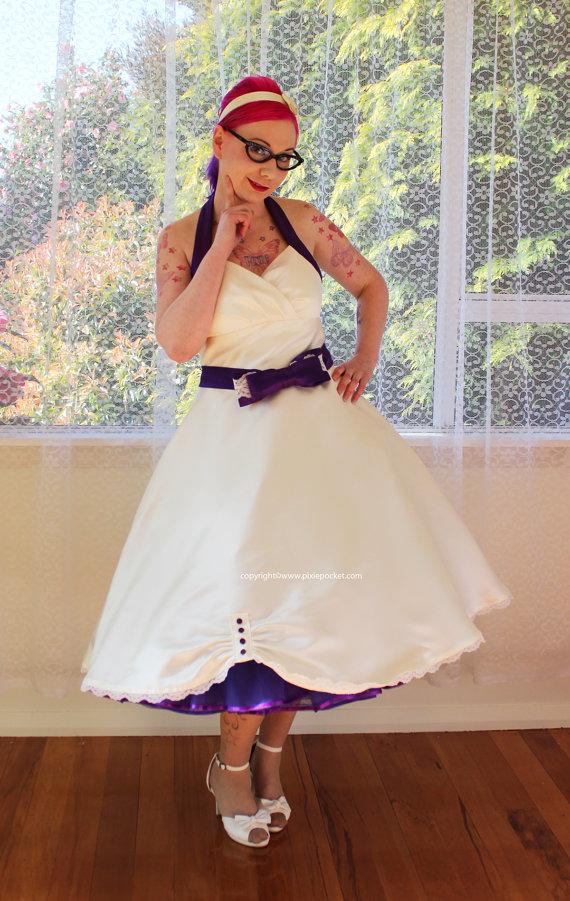 زفاف - 1950's "Sophia" Ivory Wedding Dress with Purple Halterneck Trim and Belt, Tea Length Skirt and Petticoat - Custom made to fit - Any Colour