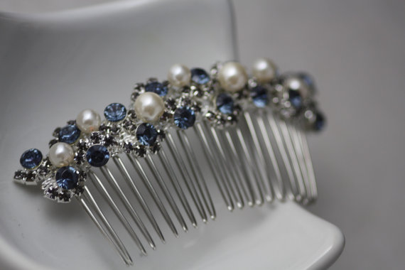 Wedding - Moon Light Swarovski saphire and black diamond crystal and pearl bridal hair comb, Wedding comb, Hair accessories, Bridal hair comb.