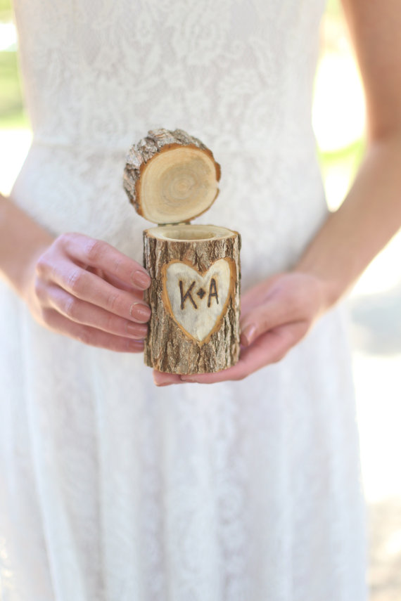 Wedding - Personalized Rustic Wood Ring Bearer Pillow Box Alternative Tree Stump QUICK shipping available