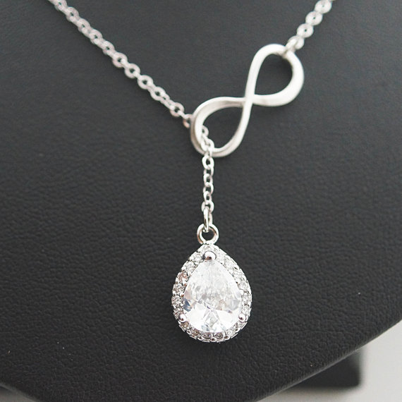 Свадьба - Bridal Necklace Wedding Bridesmaid Necklace Infinity and Lux Cubic Zirconia Pendant lariat necklace , infinity necklace, bridesmaid gift