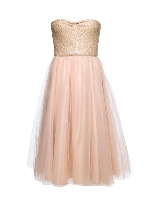Wedding - Blush Sequinned tea length Wedding Dress, knee length champagne tulle dress - MADE TO ORDER