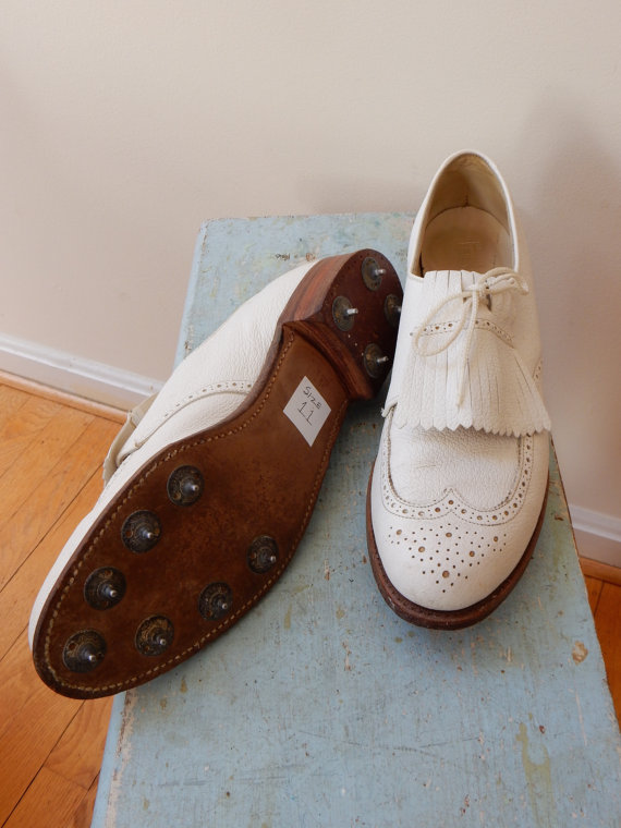 Hochzeit - Kiltie Wingtip Golf Shoes by Footjoy Pebbled Perforated White Leather Steel Cleats Old School Classic Costuming Pin Up Vintage Wedding