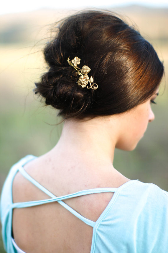 Mariage - Spring Hair Pin Golden Morning Glory Hair Pin Floral Brass Bobby Pin Woodland Wedding Flower