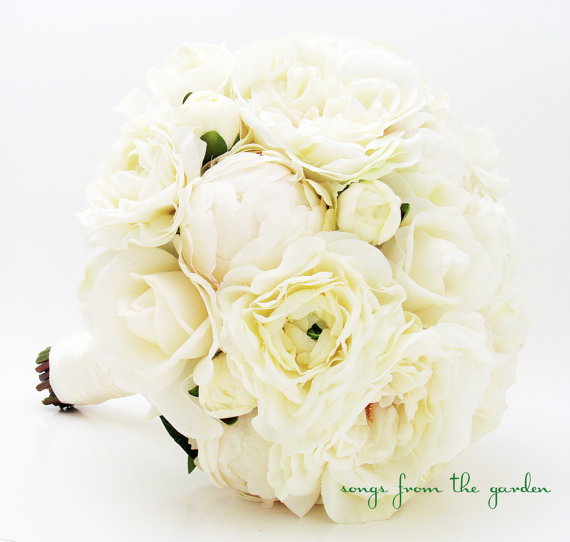 Hochzeit - Peonies & Lace Bridal Bouquet Groom's Boutonniere Garden Rose Silk Ranunculus Real Touch White Rose White Silk Bud Peonies