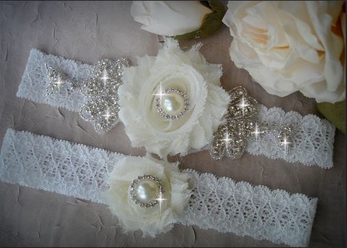 Hochzeit - SALE / Wedding Garter Set, Ivory Stretch Lace Garter, Rhinestone garter,Vintage Inspired Garter Set