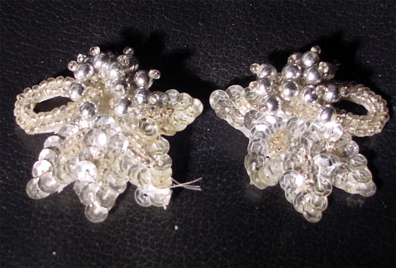 Hochzeit - Vintage Silver Beaded and Sequin Shoe Clips or Collar Clip 1950's To 1960's classy Jewelry