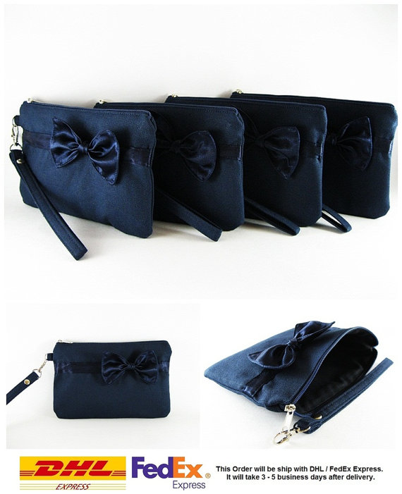 Mariage - SUPER SALE - Set of 6 Navy with Little Navy Bow Clutches - Bridal Clutches, Bridesmaid Wristlet, Wedding Gift, Zipper Pouch - Made To Order