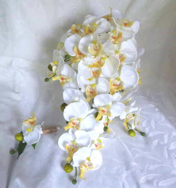 Mariage - White Orchid Cascade Bouquet & Boutonniere phalaenopsis destination wedding flowers
