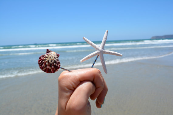 زفاف - Nautical Beach Bobby Pins- Seashell and Starfish Bobby pin Set