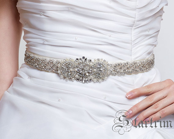 Hochzeit - SALE LESLIE wedding bridal crystal pearl sash , belt