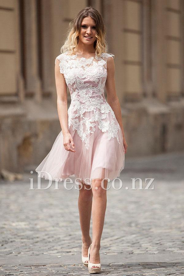 زفاف - Floral Lace Appliques Dust Pink Mini Tulle Prom Dress