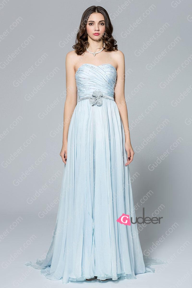 Wedding - Muted Blue Beaded Long Chiffon Flower Attached Bridesmaid Dress
