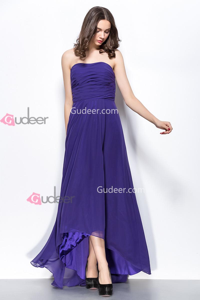 Mariage - Simple High Low Hem Strapless Ruched Regency Chiffon Prom Dress