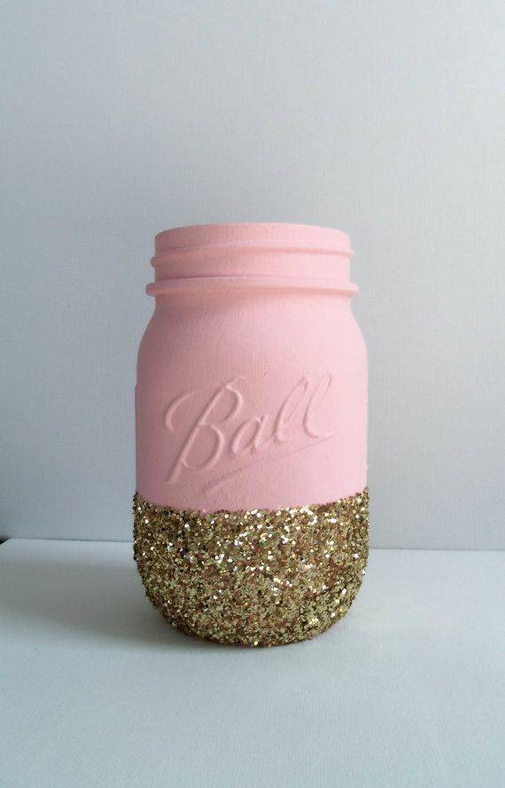 Wedding - Gold Glitter Mason Jar- Pale Pink. Perfect For Weddings, Babyshowers, Makeup Brushes, Mother's Day