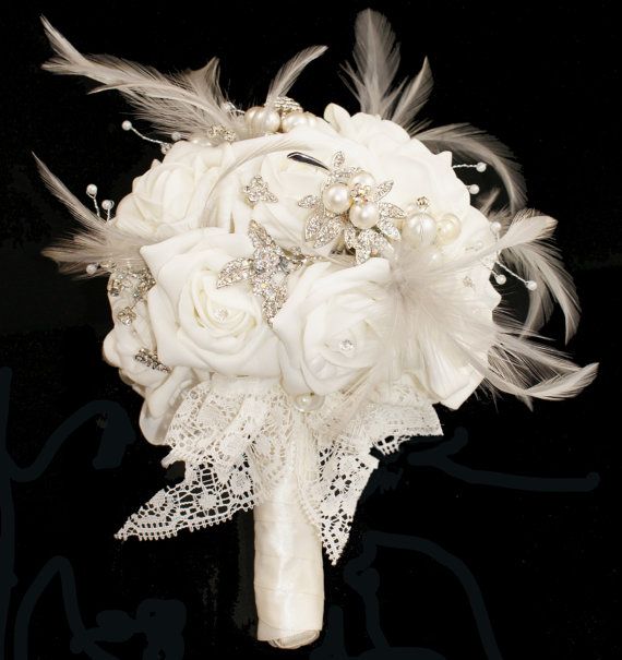 Wedding - Brooch Bouquet - Jeweled Bouquet - Feather Bouquet - Rhinestone Brooch Bouquet - Pearl Bouquet - Bridal Bouquet - Wedding Broach Bouquet