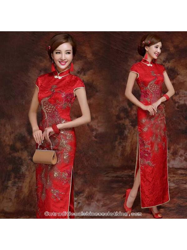 زفاف - Appliqued floral embroidered peacock red long wedding cheongsam