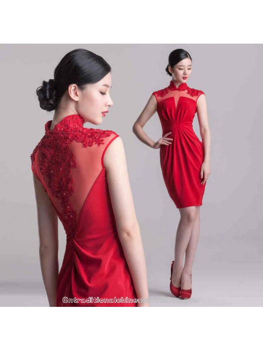 زفاف - Beaded lace back short sleeveless red mandarin collar dress