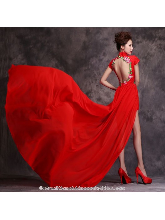 زفاف - Asian inspired embroidered florl mandarin collar cap sleeve red lace chiffon trailing prom dress