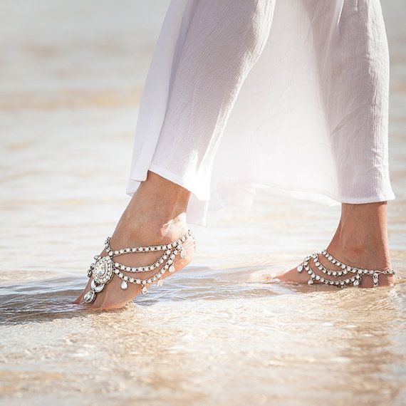 Hochzeit - Ladies Jewelled Silver Barefoot Sandals. Wedding Jewellery. Sold As Pair. Enchanted B1412