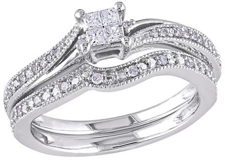زفاف - Allura 1/4 CT. T.W. Princess Cut and Round Diamond Bridal Set in 10K White Gold (GH) (I1-I2)