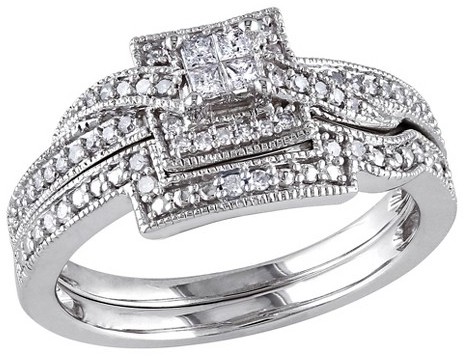 زفاف - Allura 1/3 CT. T.W. Princess Cut and Round Diamond Bridal Set in 10K White Gold (GH) (I1-I2)