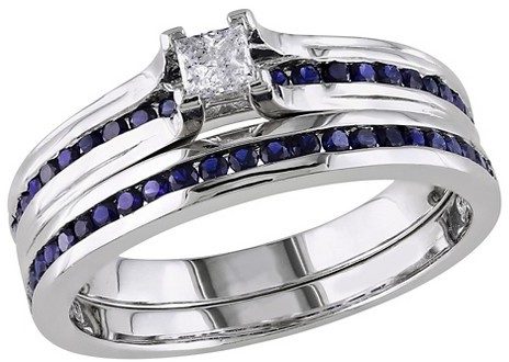 Hochzeit - Allura 1/6 CT. T.W. Princess Cut Diamond and .5 CT. T.W. Created Blue Sapphire Bridal Set in Sterling Silver