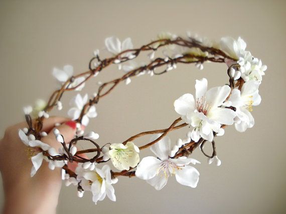 Hochzeit - Rustic Chic Wedding Hair Wreath, Flower Girl - SAKURA BRANCH - White Cherry Blossom Head Piece