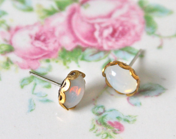 Hochzeit - Vintage Oval Opal Glass  Brass Scalloped White Rhinestone Post Earrings, Bridal earrings,Bridesmaid Earrings
