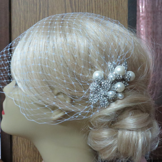 Mariage - Birdcage Veil and a  Bridal Hair Comb (2 Items),Bridal veil, Rhinestone Bridal Hair Comb, Blusher Bird Cage Veil