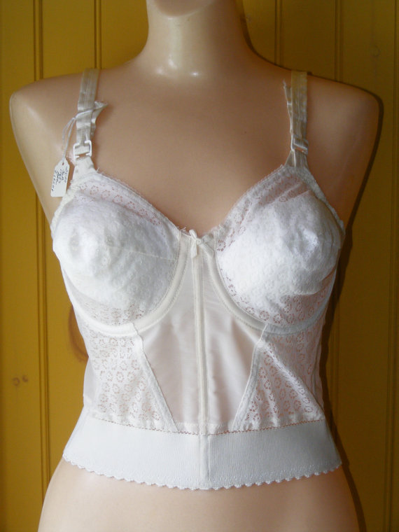Hochzeit - Vintage 1960 Long Line Bra Bestform 8229 36B White Lace Underwire Unworn Sexy Burlesque Lingerie