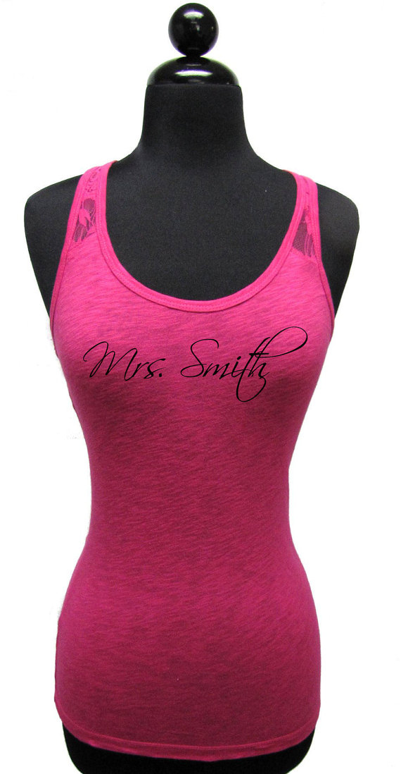 Wedding - Custom With Mrs. Name and Date: Printed Mrs. Tank Top - Racerback with Half Lace Back - Personalized Bridal Tank Top with Lace Back
