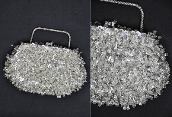 Wedding - Vintage 1950s Silver BEADED Purse Clutch Small Bag Sequined Wedding Bride Cocktail Evening Elegant Glam Sparkly