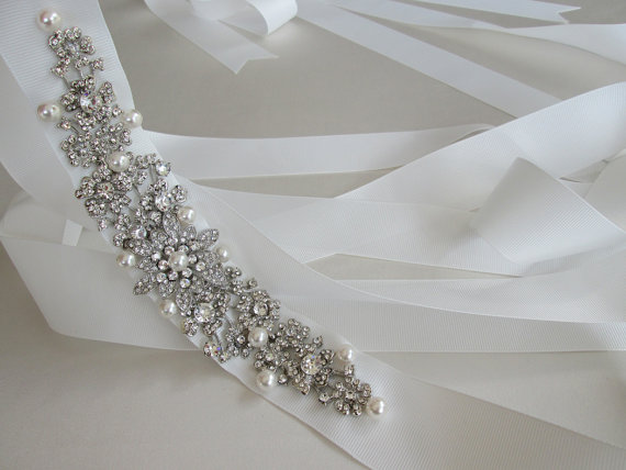 Hochzeit - Pearl and crystal bridal belt sash, Swarovski pearl and crystal wedding sash belt, Grosgrain ribbon crystal belt