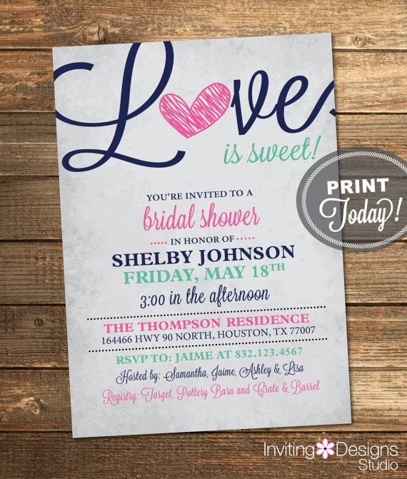 Свадьба - Bridal Shower Invitation, Love is Sweet, Heart, Navy Blue, Mint Green, Pink, Sweet, Candy, Printable File (Custom Order, INSTANT DOWNLOAD)
