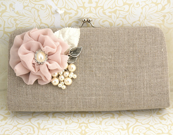 Mariage - Linen Clutch, Handbag, Bag, Bridesmaids, Blush, Silver and Ivory Bridesmaids Clutch Shabby Chic Rustic Wedding- Vintage Inspired