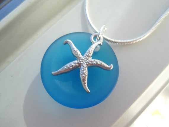 زفاف - Starfish Necklace - Blue Sea Glass Necklace - Sea Glass Jewelry - Bridesmaid Sets - Pendant Necklace - Silver Starfish Necklace - Gifts
