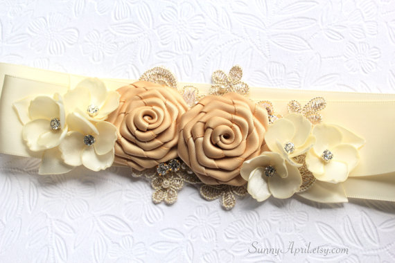 Свадьба - Bridal Gold Ivory Sash "Carolyn" Wedding Ribbon Flower Sash/ Bridesmaid Sash/ Handmade Accessory/ Free Shipping on Additional Items