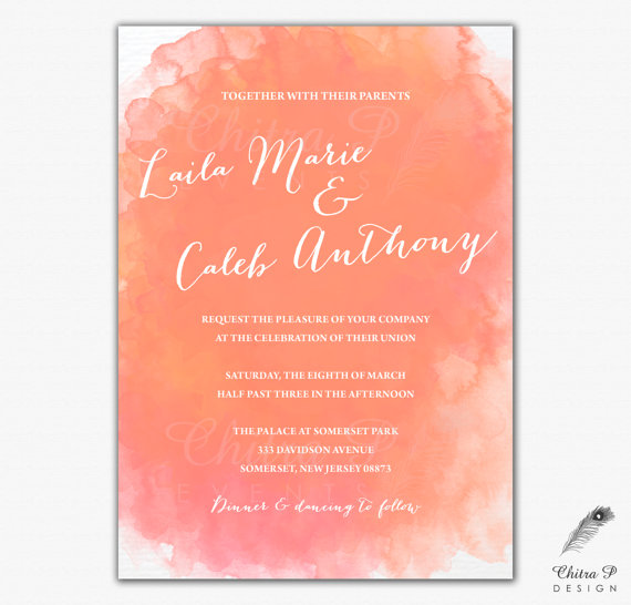 Свадьба - Coral Watercolor Wedding Invitation - Printed or Printable, Orange Destination Beach Bridal Baby Shower Engagement Summer Tangerine - 