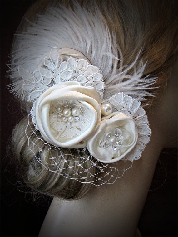 زفاف - Wedding hair accessories, Bridal  wedding hair Piece, Feathers Birdcage Veil Ivory headpiece fascinator ,vintage wedding hair accessories