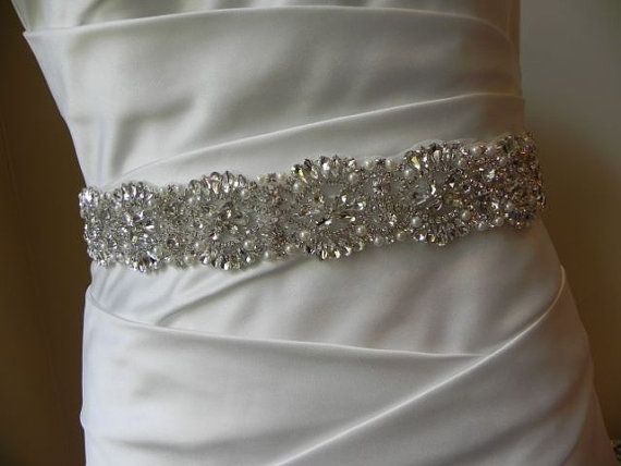 Mariage - Bridal Sash with Pearl and Rhinestone Flowers - Wedding Dress Belt