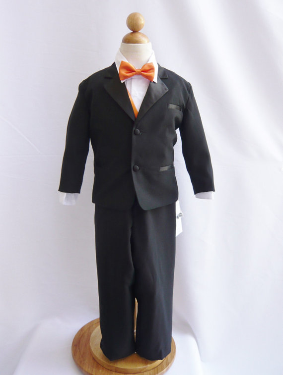 Mariage - Tuxedo to Match Flower Girl Dresses Color in Black with Orange Vest for Toddler Baby Ring Bearer Easter Communion Bow Tie