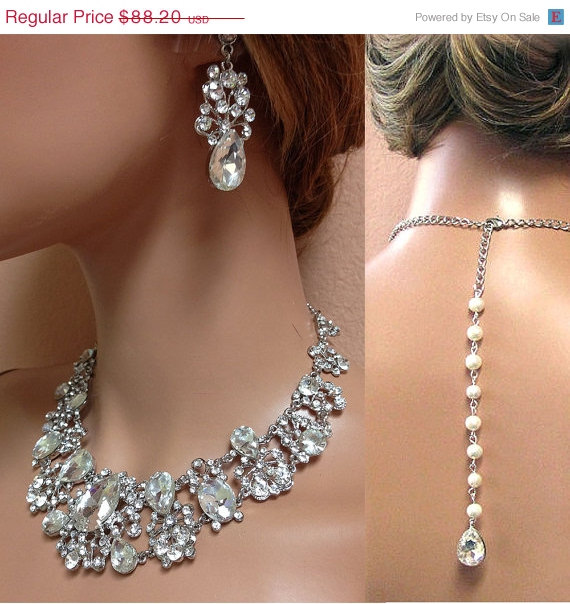 Hochzeit - Wedding jewelry set, Bridal back drop bib necklace and earrings, vintage inspired crystal pearl necklace statement, crystal jewelry set
